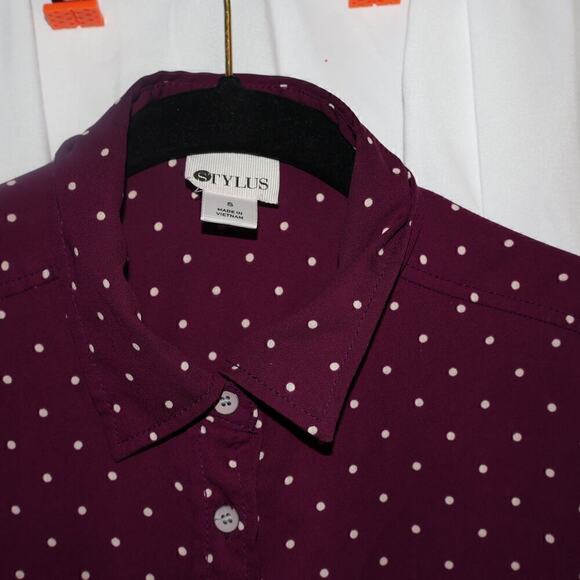 Stylus Button Up Blouse Women Size S Purple White Dot - Picture 15 of 16